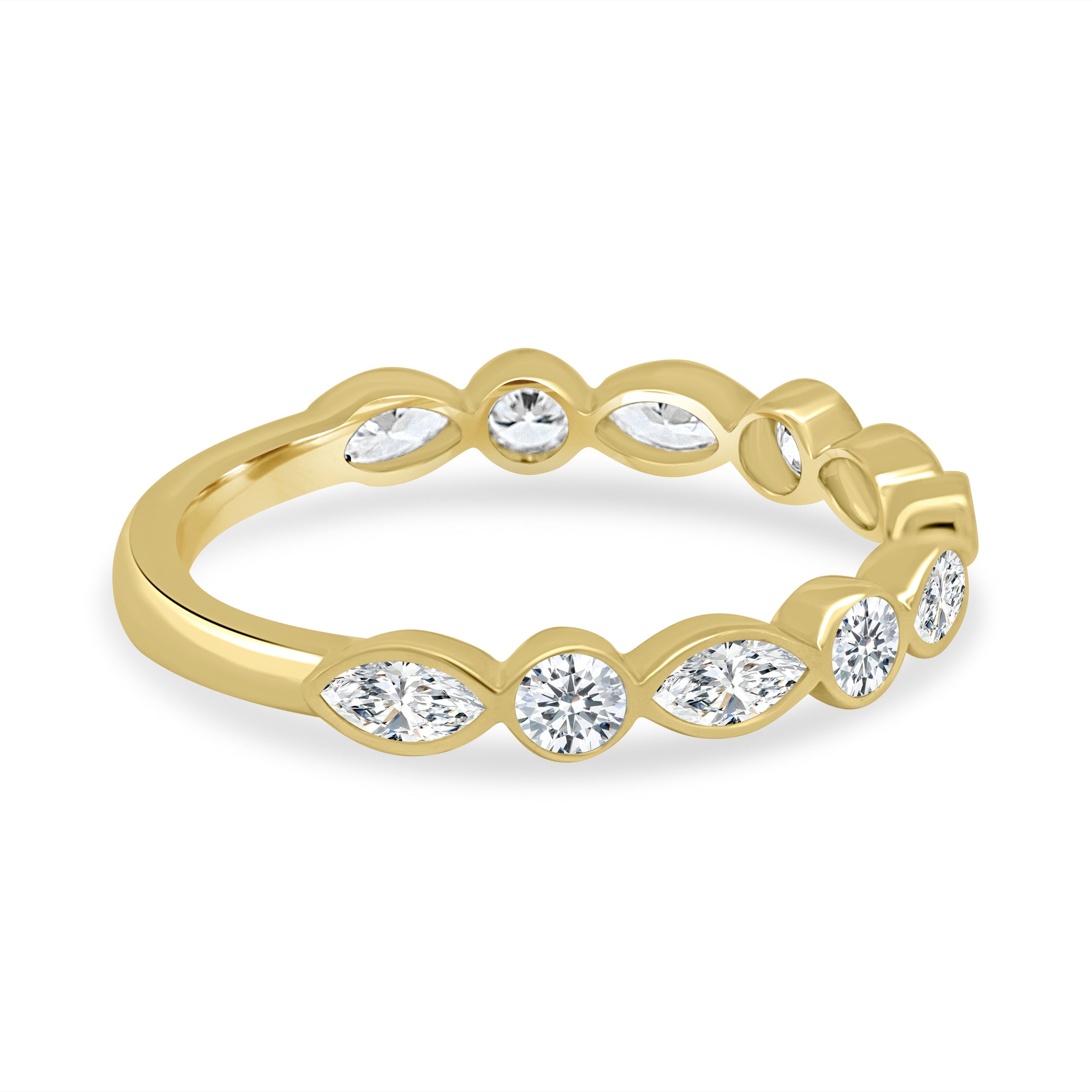 1.15 TCW round and marquise cut moissanite wedding band with bezel setting – modern gold ring featuring alternating shapes for a unique and elegant bridal look.