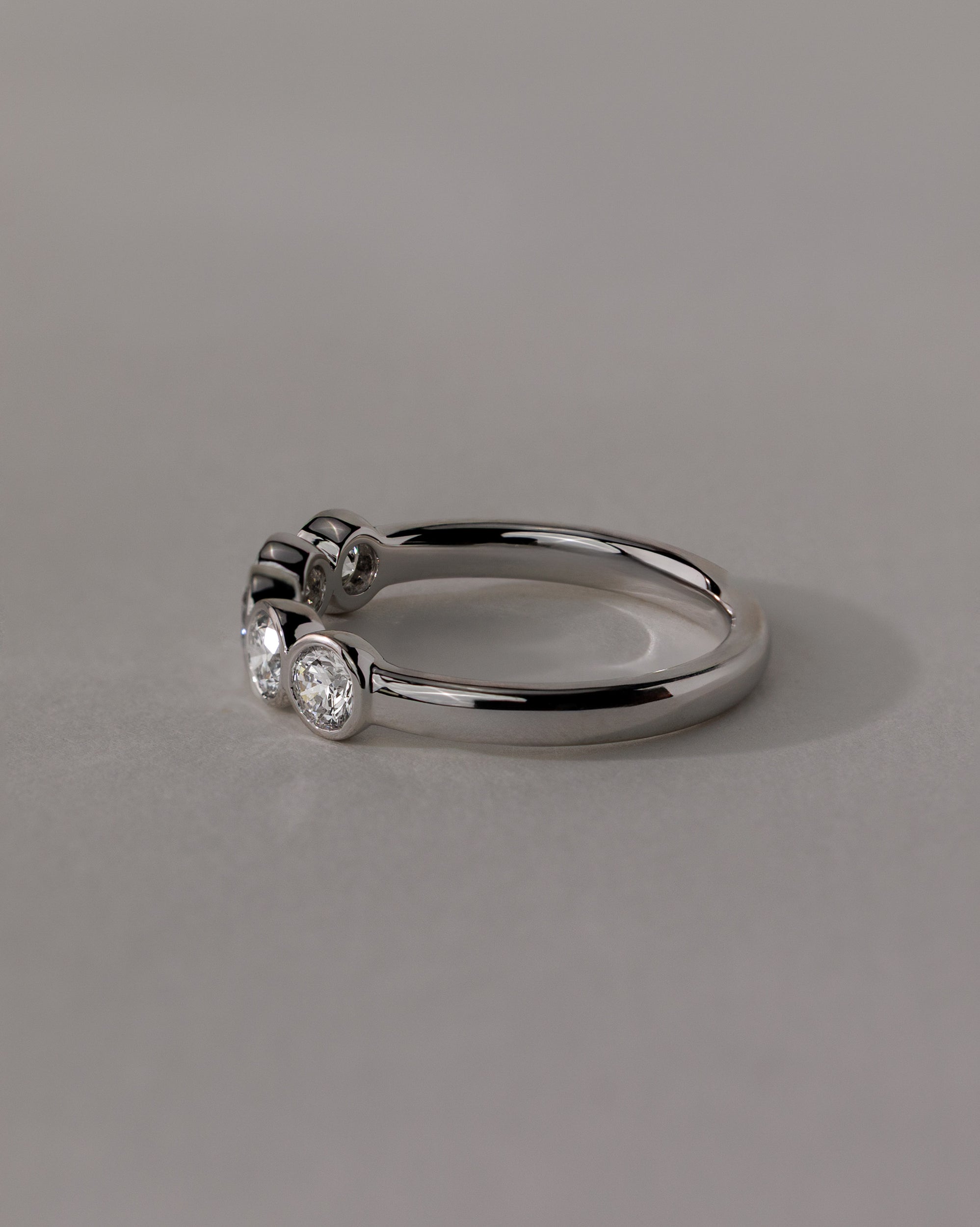 0.40 TCW round cut moissanite wedding band with bezel setting – minimalist and elegant gold band offering secure sparkle, ideal for bridal stacking or everyday wear.