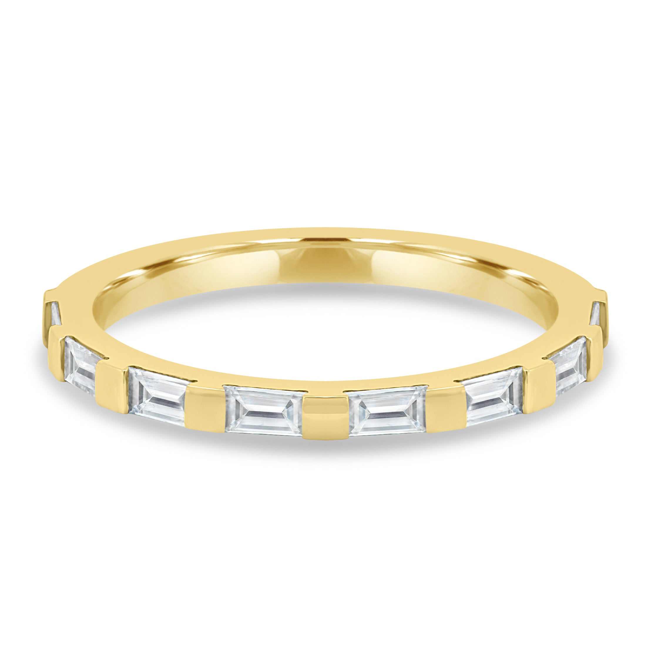0.32 TCW baguette cut moissanite half eternity wedding band – sleek and modern gold ring featuring step-cut stones, perfect for stacking or contemporary bridal wear.