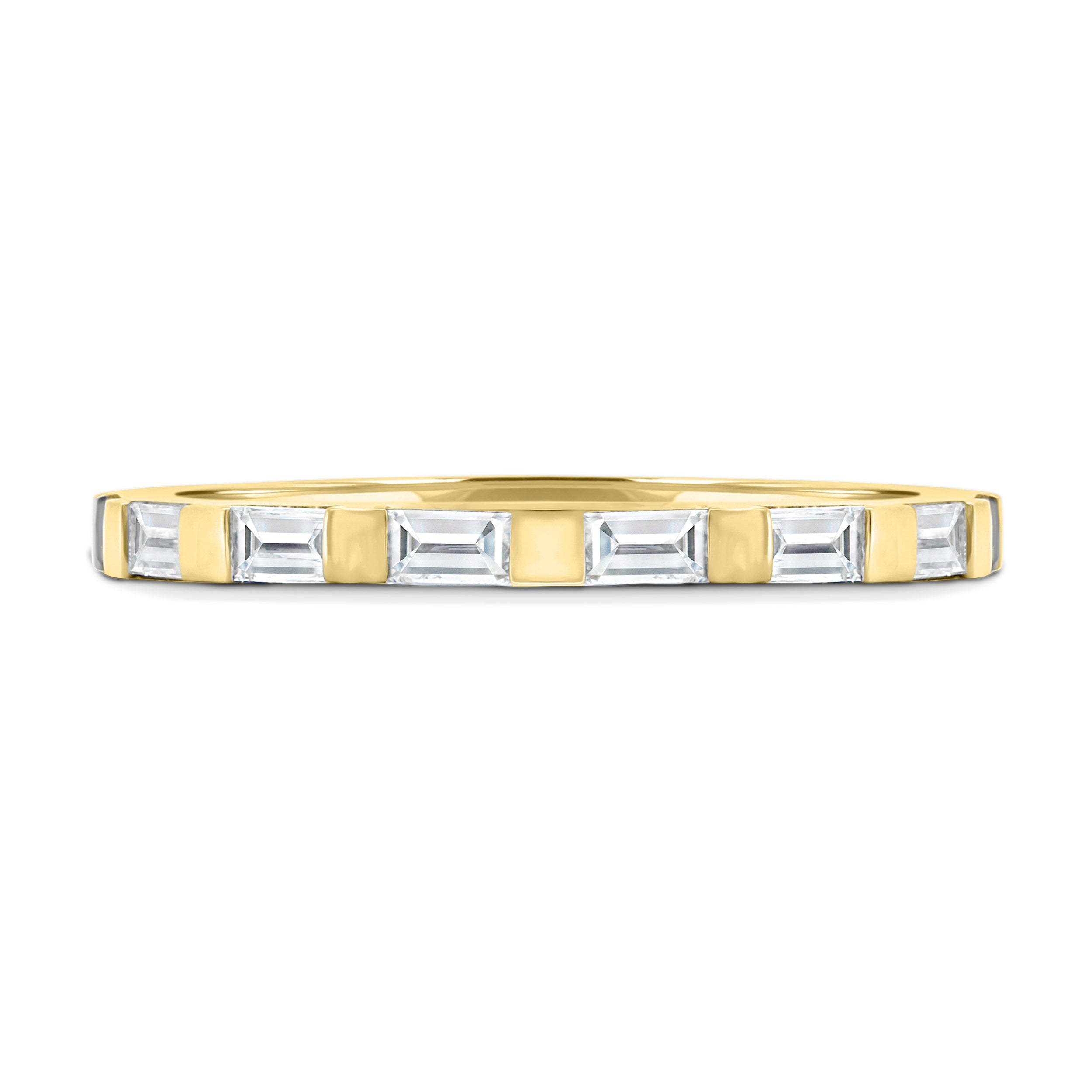 0.32 TCW baguette cut moissanite half eternity wedding band – sleek and modern gold ring featuring step-cut stones, perfect for stacking or contemporary bridal wear.