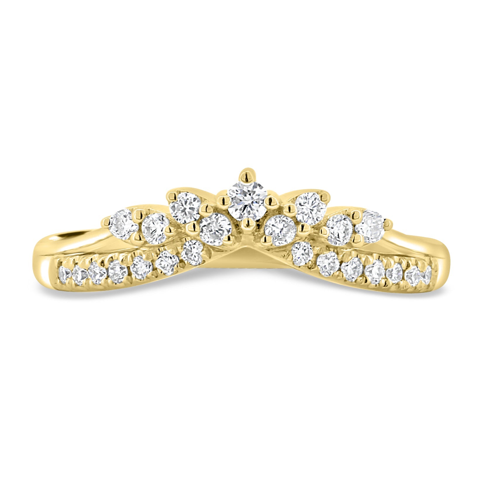 0.27 TCW round cut moissanite wedding band in a crown-inspired design – dainty and elegant ring crafted in polished gold, ideal for bridal stacking.