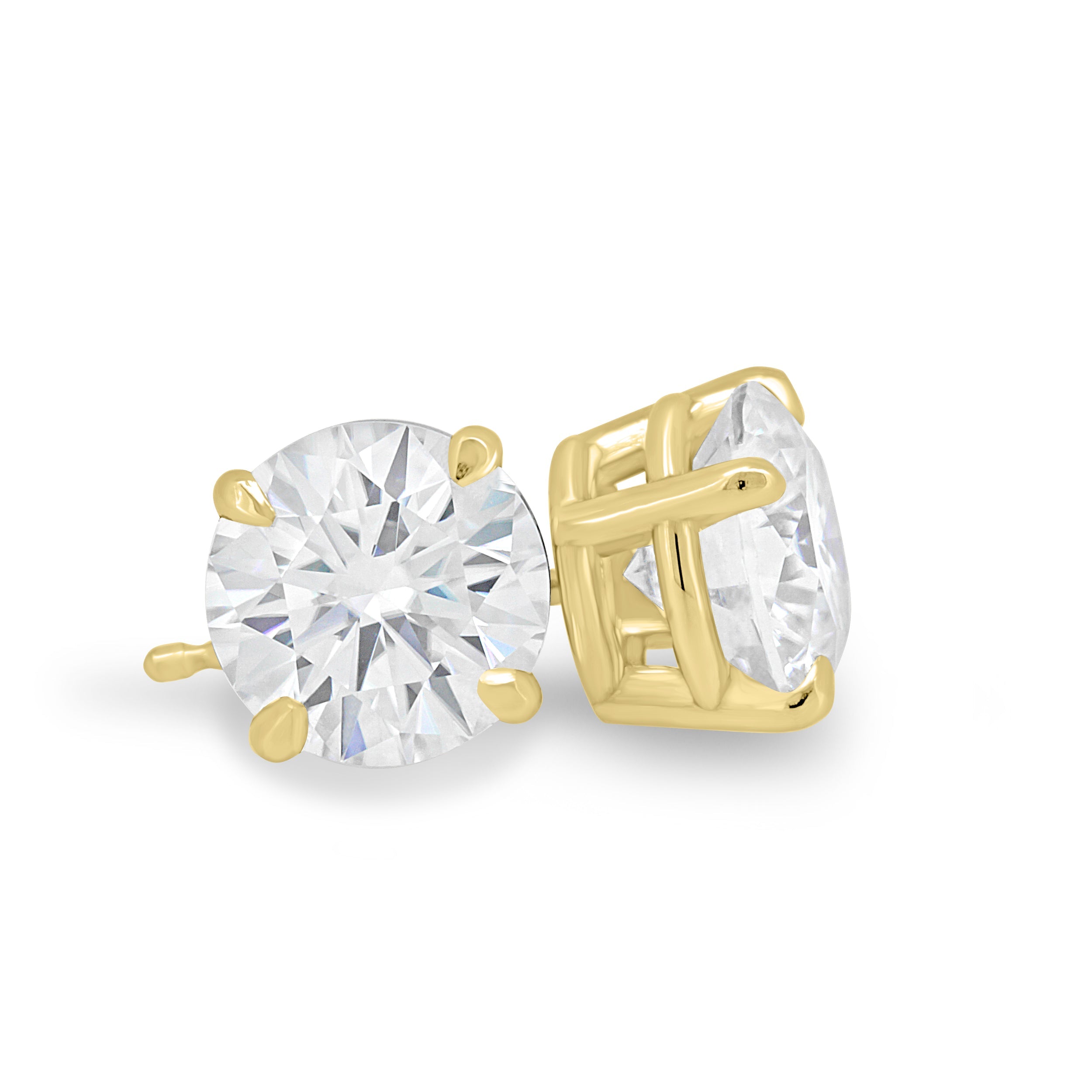 2.00 CT round cut moissanite earrings in a classic four-prong setting – brilliant and timeless gold studs, perfect for bridal elegance or everyday sophistication.