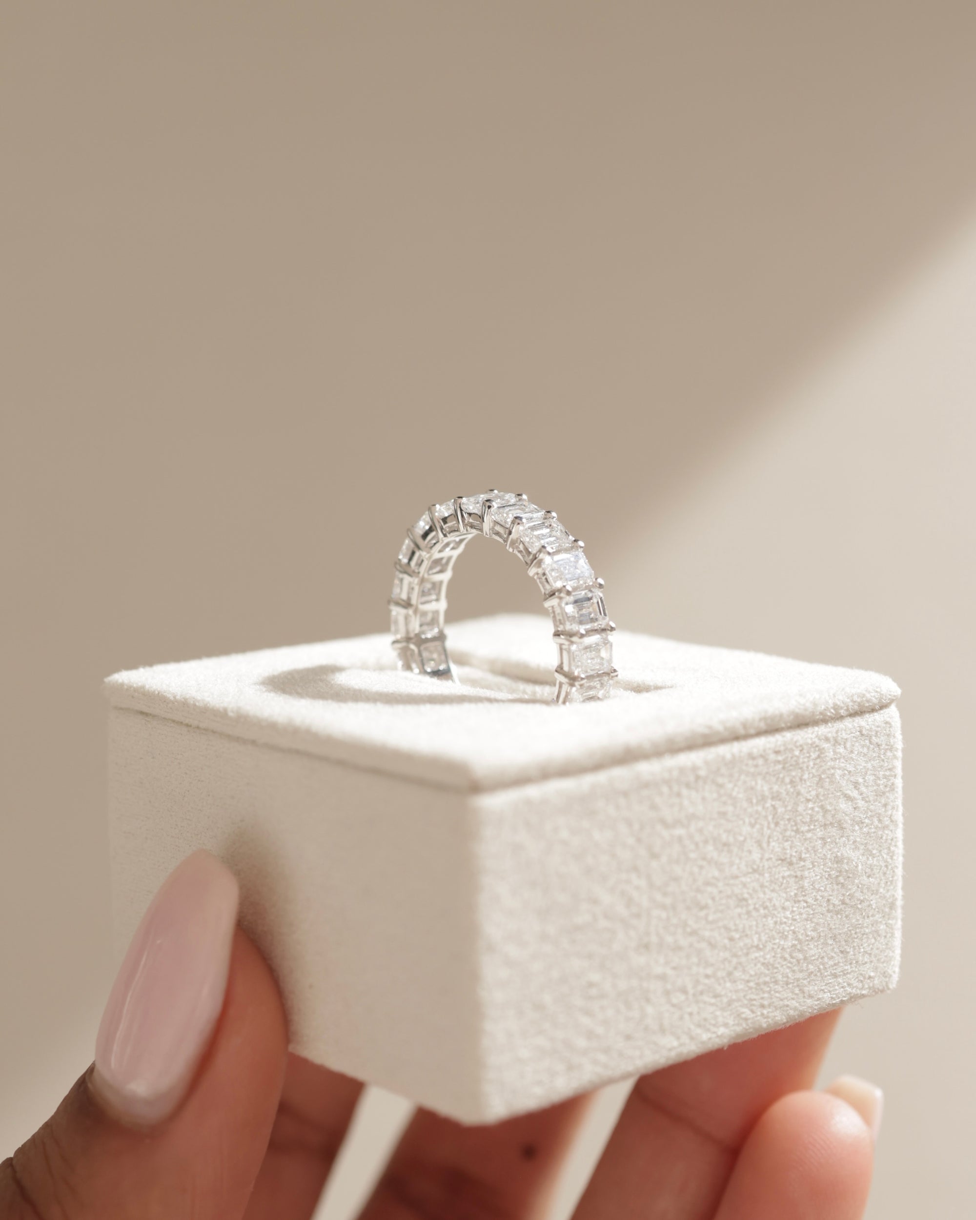 2.50 TCW emerald cut moissanite half eternity wedding band – bold and sophisticated gold ring with step-cut brilliance, perfect for statement bridal or stacking wear.