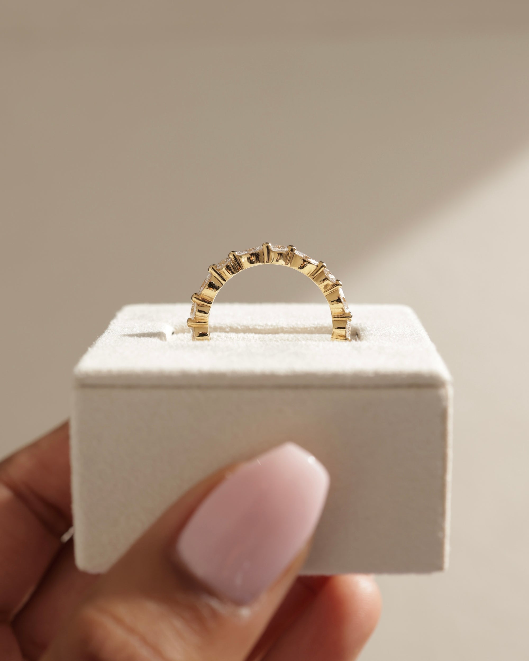 1.15 TCW marquise and round cut moissanite half eternity wedding band – elegant alternating design in polished gold, perfect for bridal stacking or standalone sparkle.