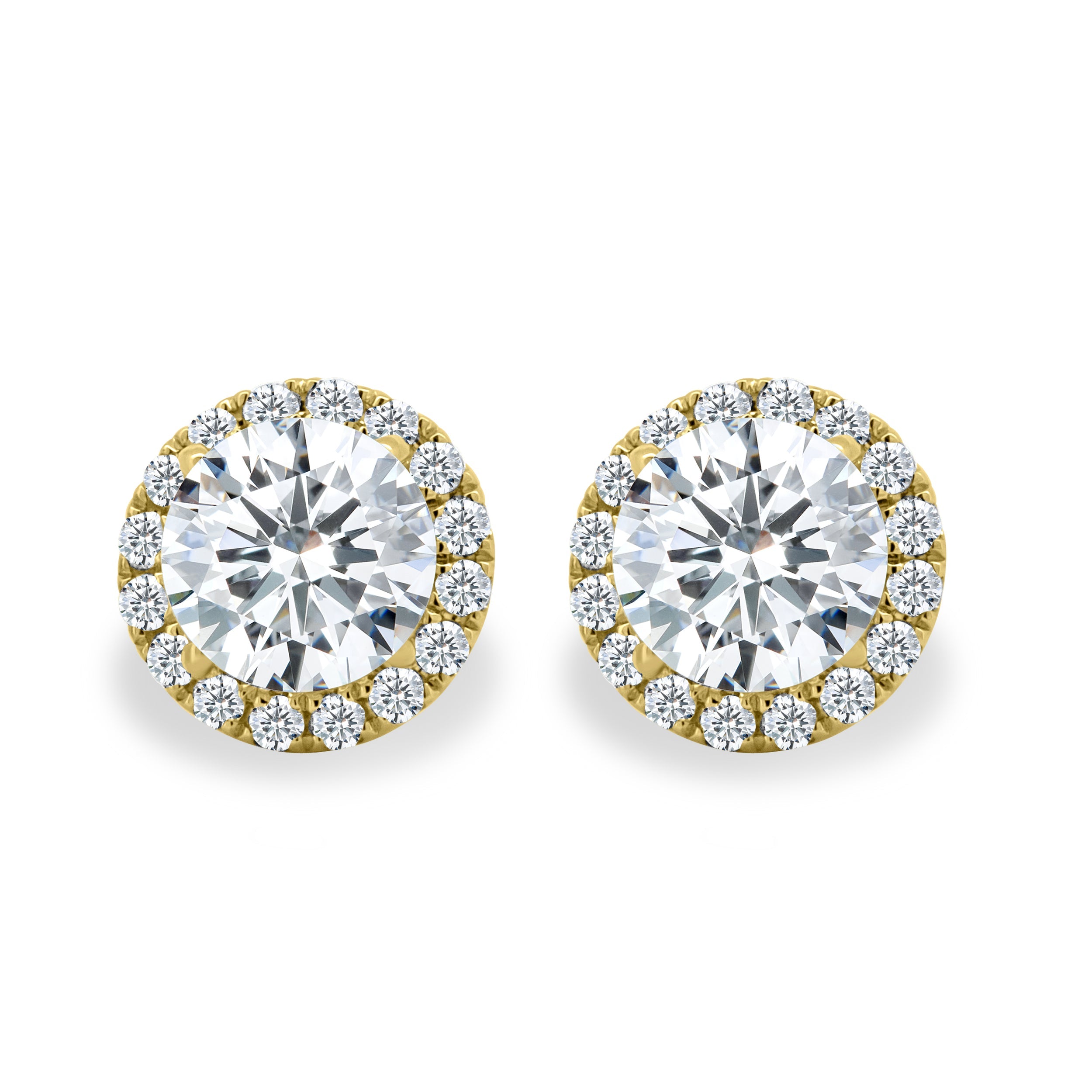 2.00 CT round cut moissanite halo earrings – classic gold studs surrounded by a sparkling halo design, perfect for bridal elegance or timeless everyday wear.