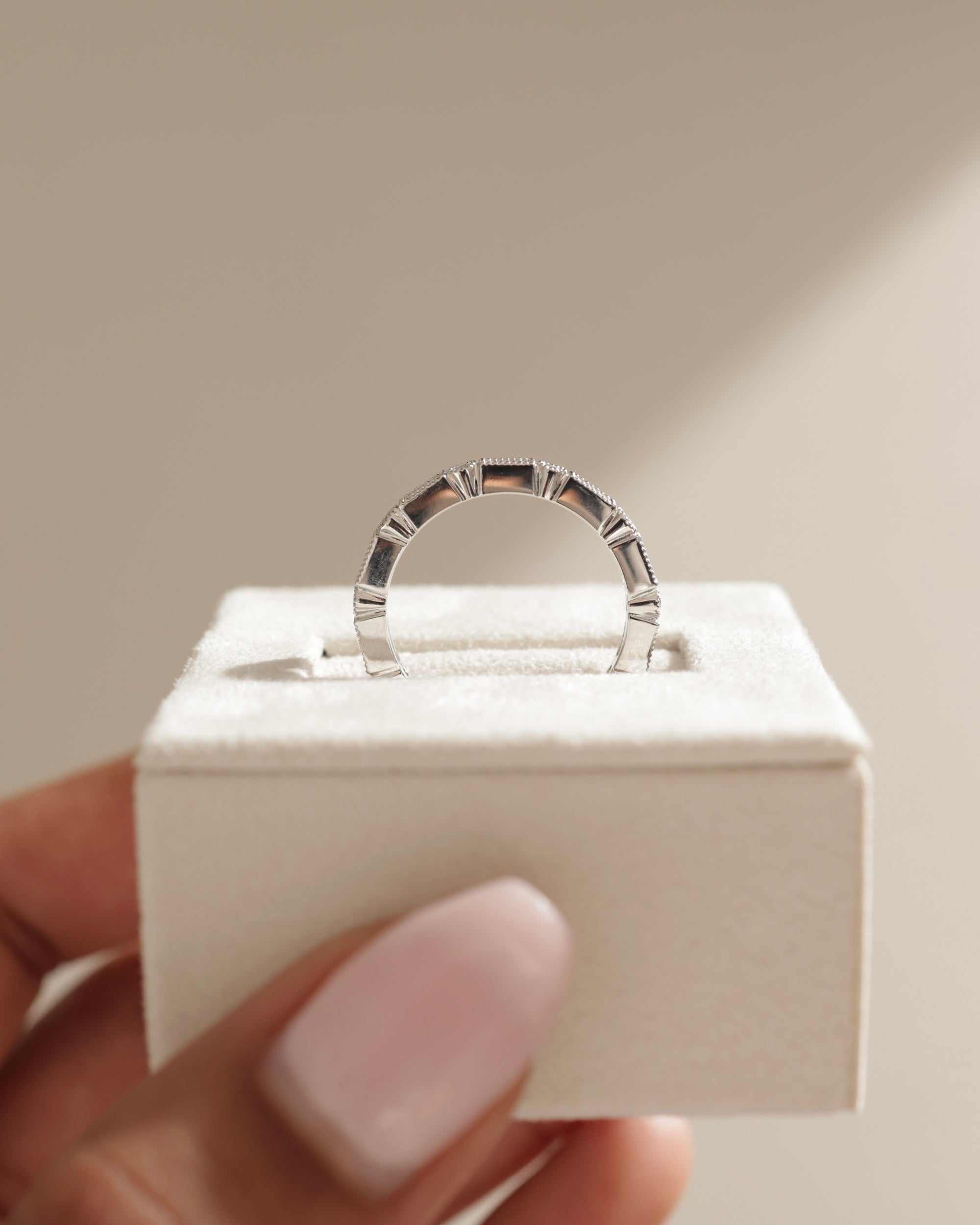 0.40 TCW round and emerald cut moissanite wedding band with vintage-inspired milgrain detailing – elegant gold ring combining classic charm with timeless sparkle.