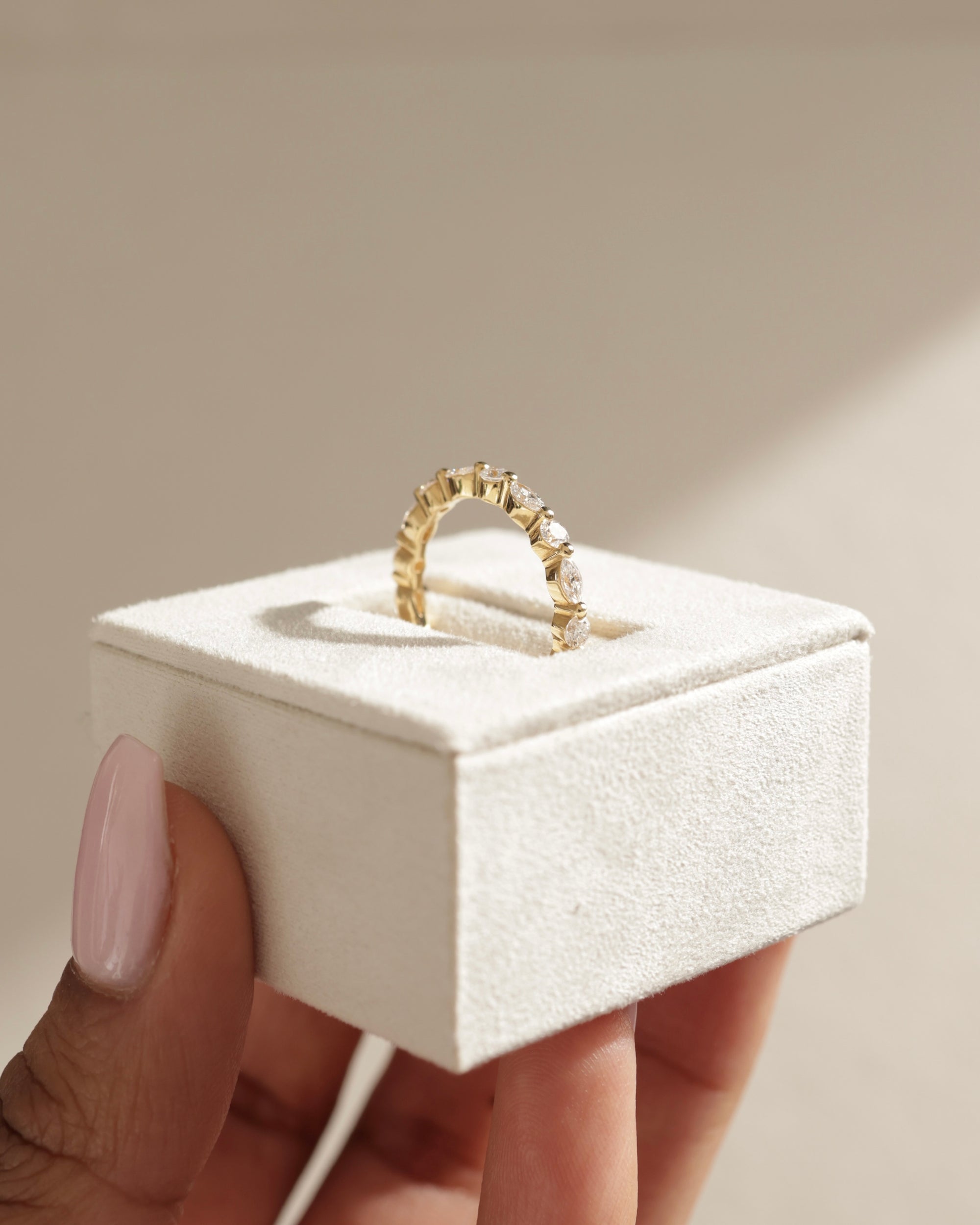 1.15 TCW marquise and round cut moissanite half eternity wedding band – elegant alternating design in polished gold, perfect for bridal stacking or standalone sparkle.