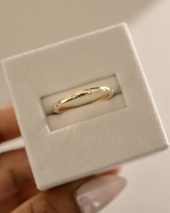 0.18 TCW round cut moissanite flush style wedding band β sleek and modern gold band with inset stones, perfect for a minimalist bridal or stacking look.