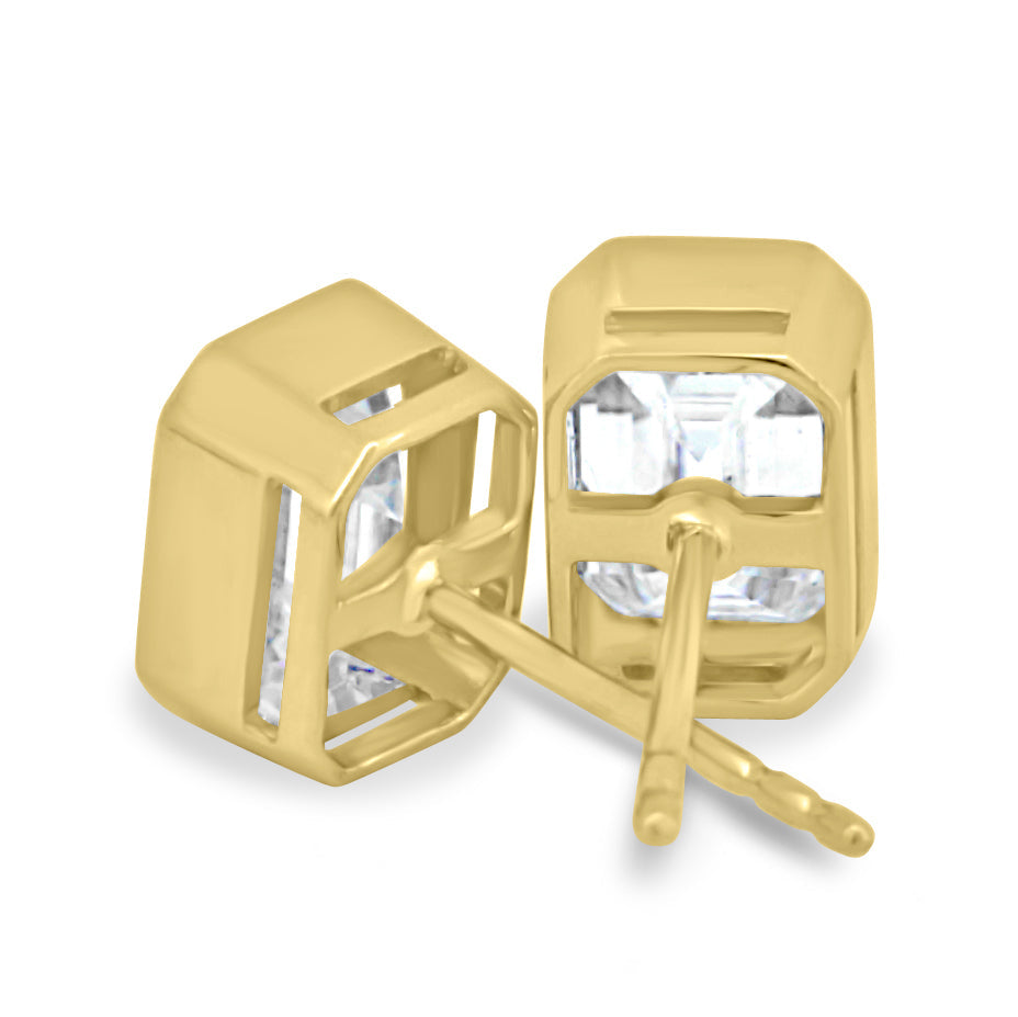 2.00 TCW emerald cut moissanite bezel set earrings – sleek and sophisticated gold studs featuring step-cut stones, perfect for modern bridal or everyday luxury.