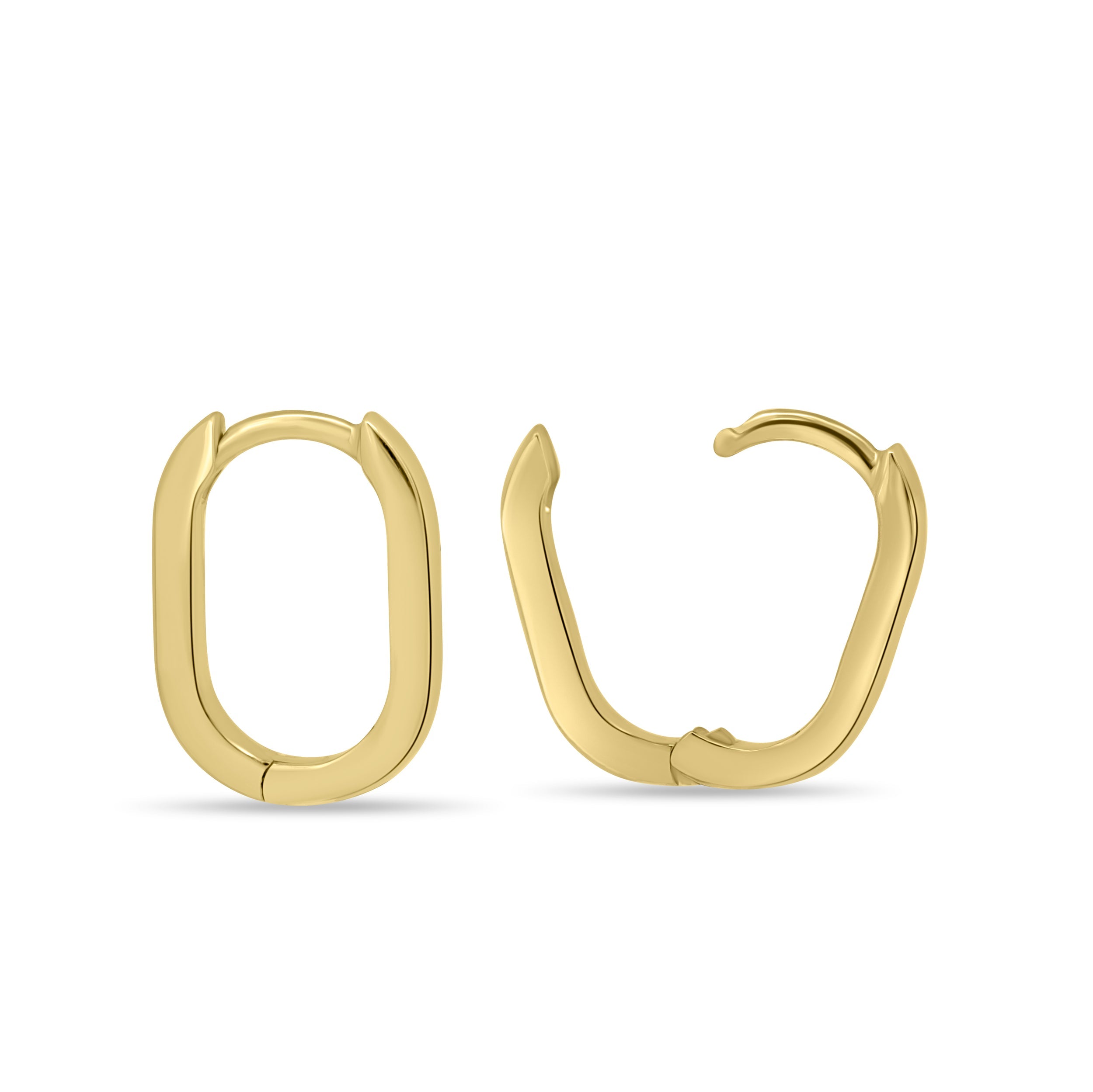 Plain elongated oval hoop earrings with a smooth polished finish – modern and minimalist gold design, perfect for everyday wear or elegant layering.