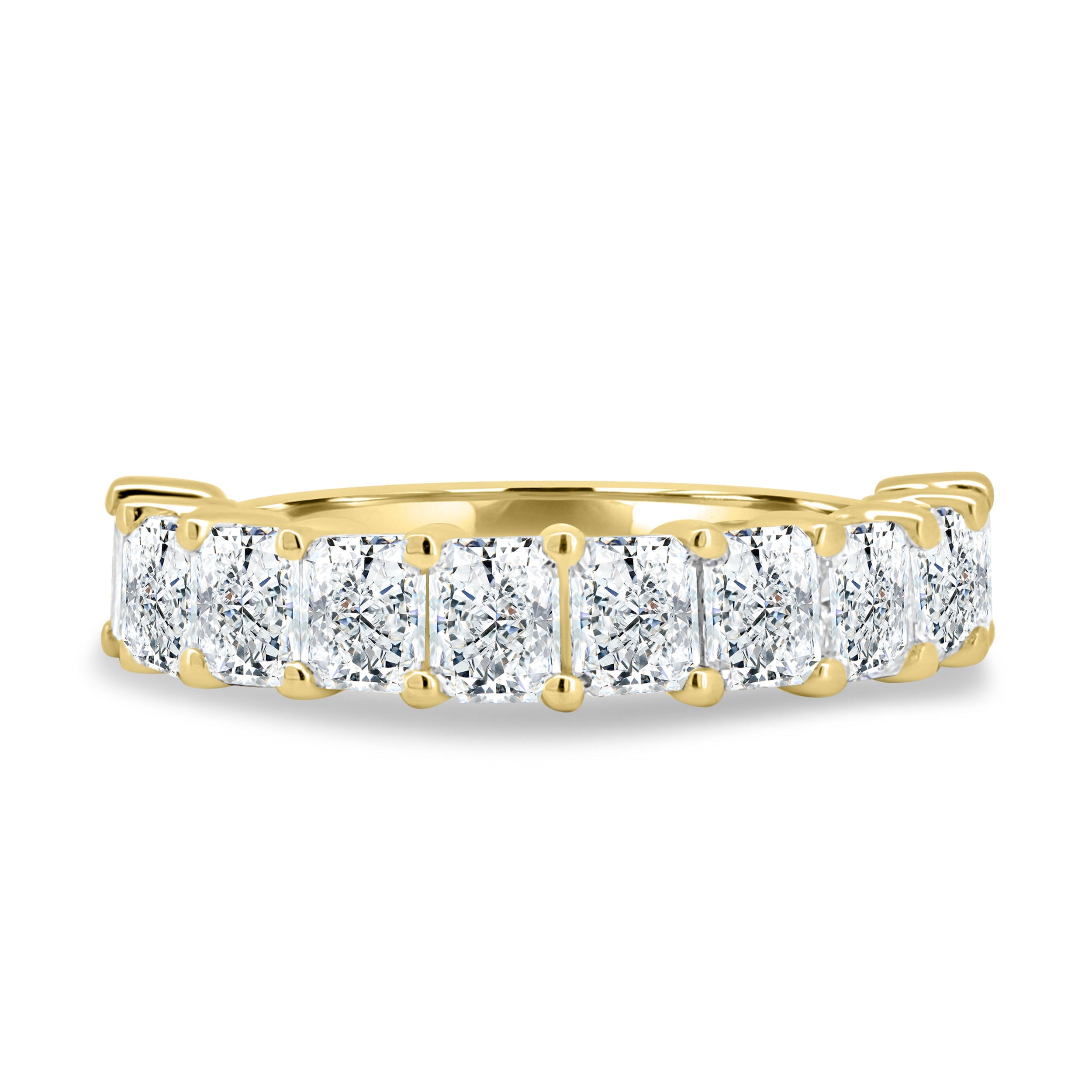 2.50 TCW radiant cut moissanite half eternity wedding band – luxurious gold band featuring brilliant step-cut stones, perfect for glamorous bridal or stacking wear.