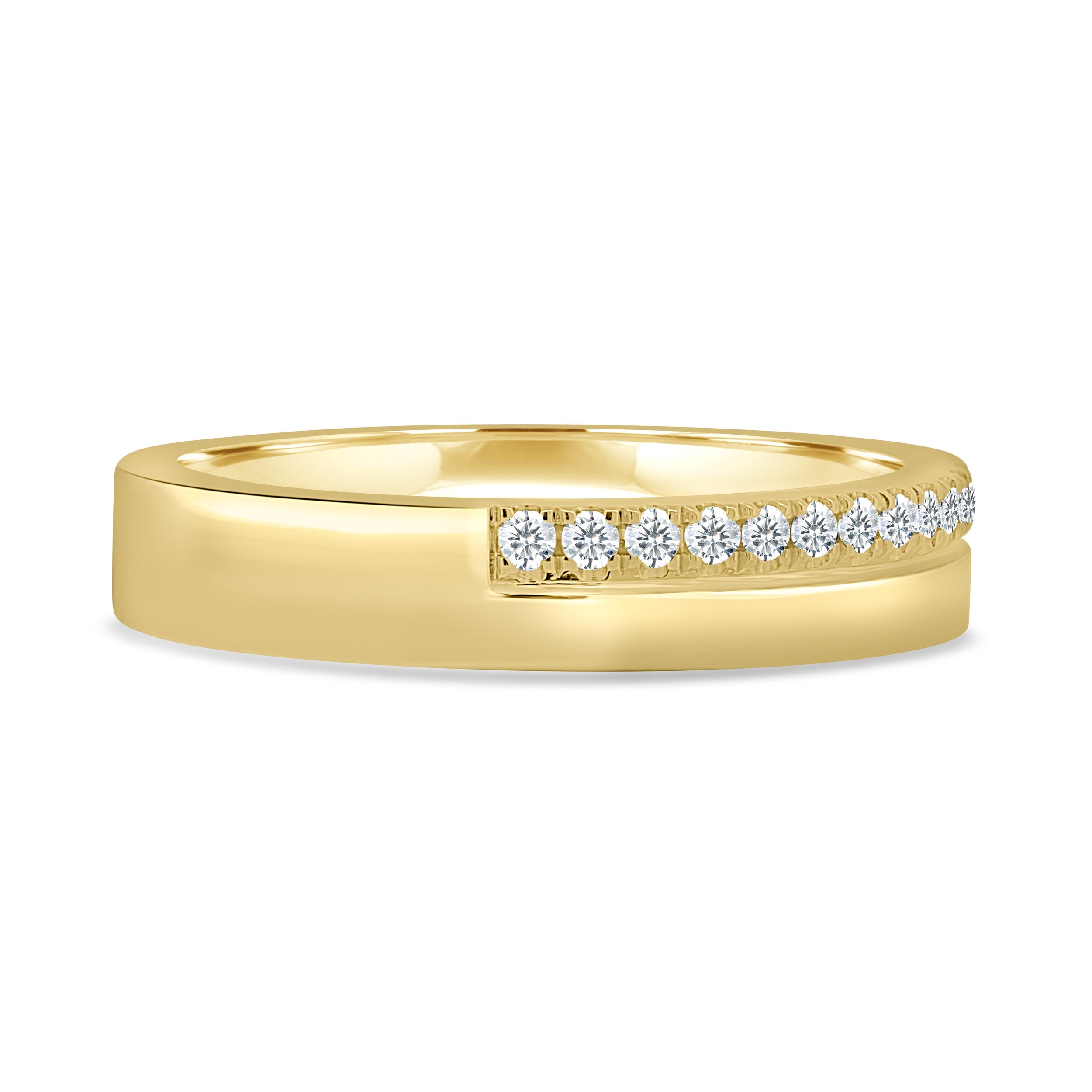 0.21 TCW round cut moissanite pavé wedding band in a bold cigar-style design – wide gold band with delicate sparkle, perfect for modern bridal or statement wear.