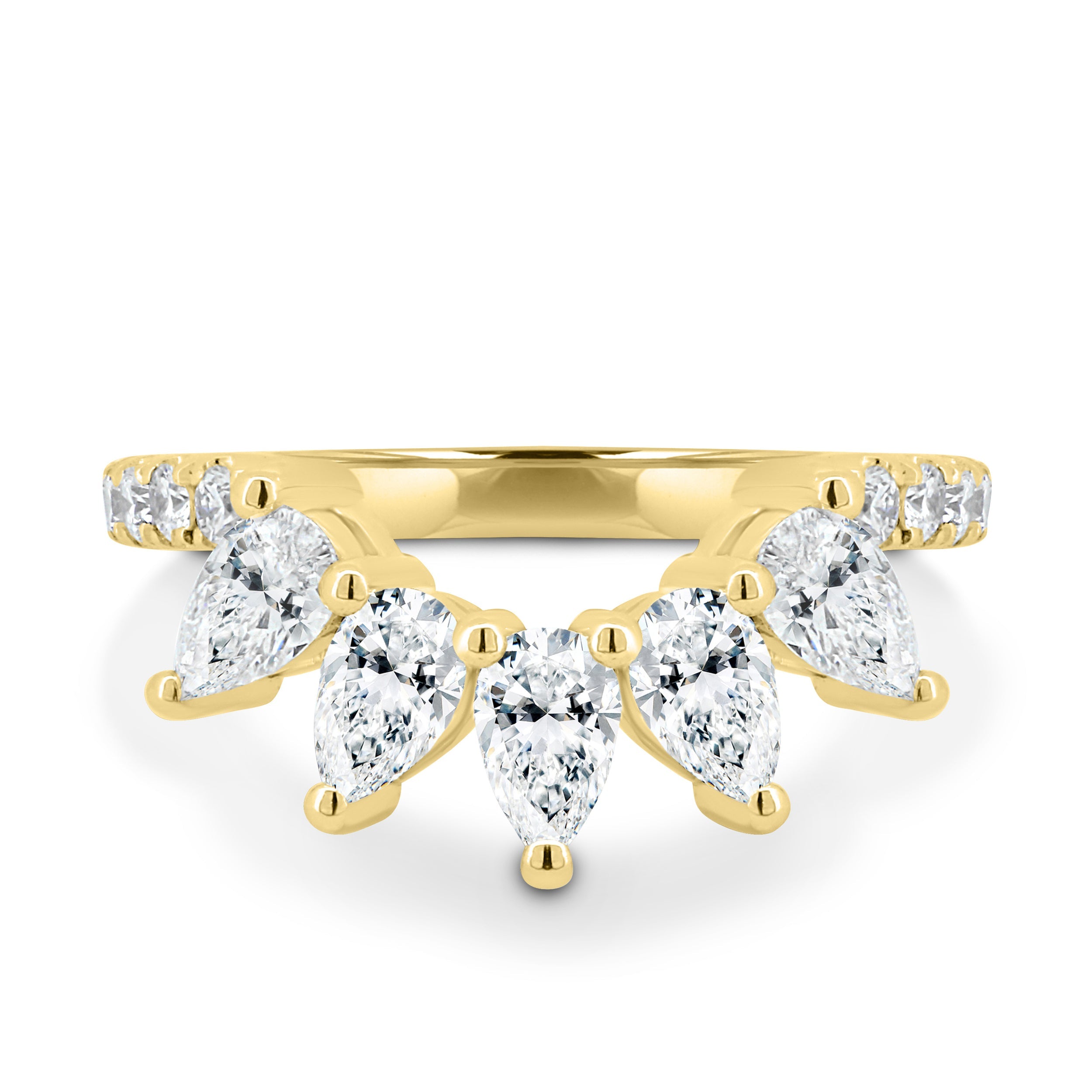 1.49 TCW pear and round cut moissanite wedding band in a bold crown-style design – dazzling, statement bridal ring crafted in polished gold for a regal look.
