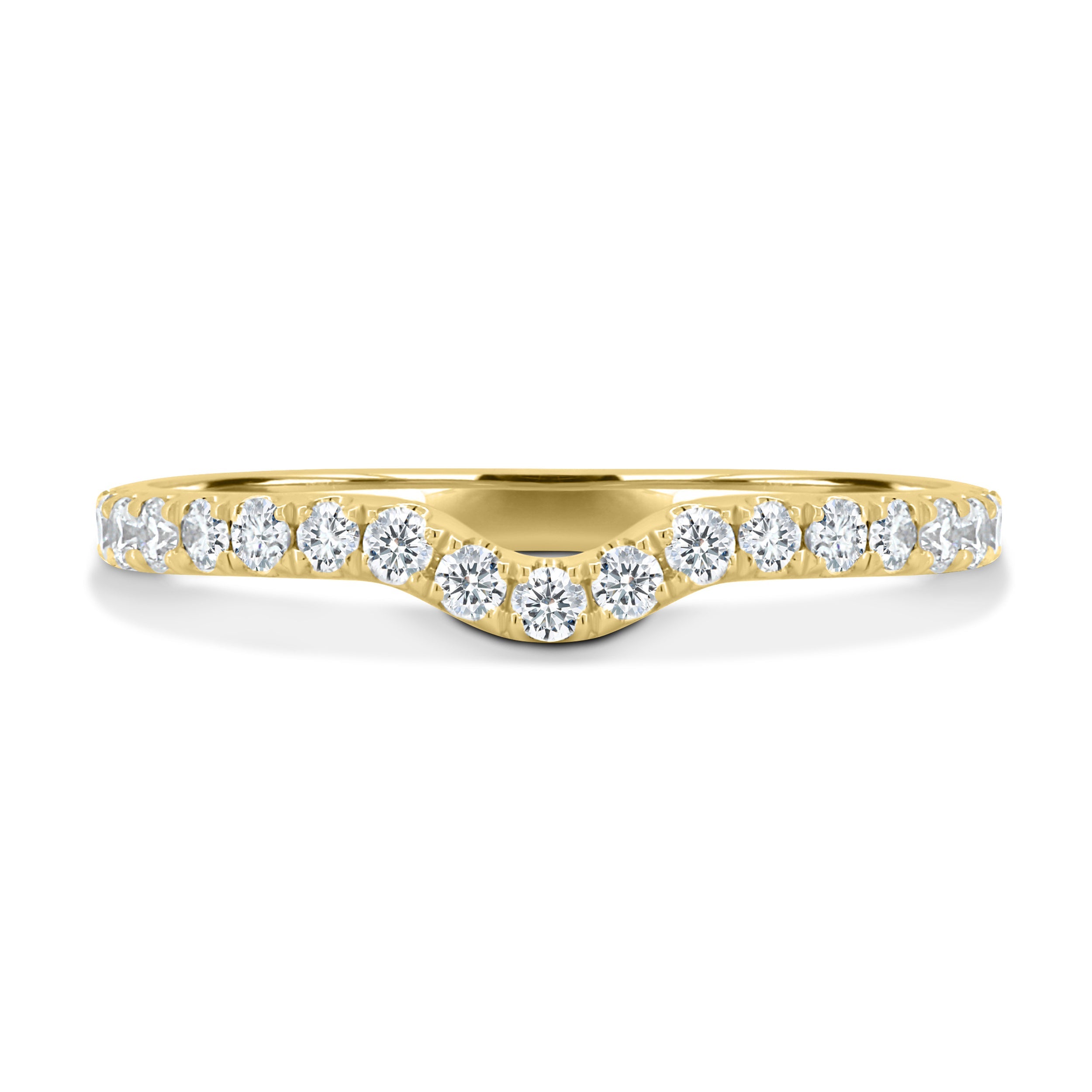 0.39 TCW round cut moissanite curved wedding band – gracefully contoured design crafted in polished gold, ideal for pairing with solitaire engagement rings.