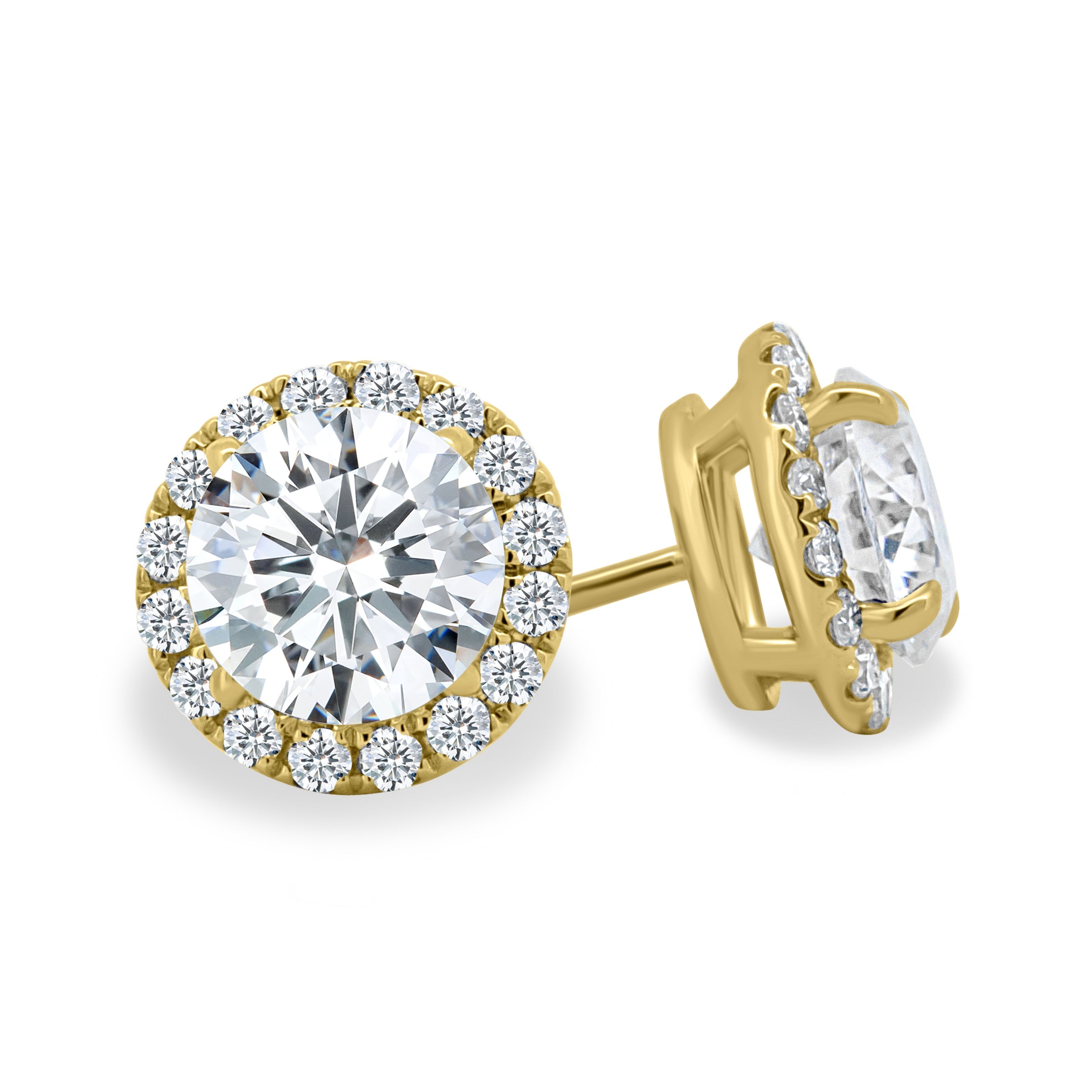 2.00 CT round cut moissanite halo earrings – classic gold studs surrounded by a sparkling halo design, perfect for bridal elegance or timeless everyday wear.