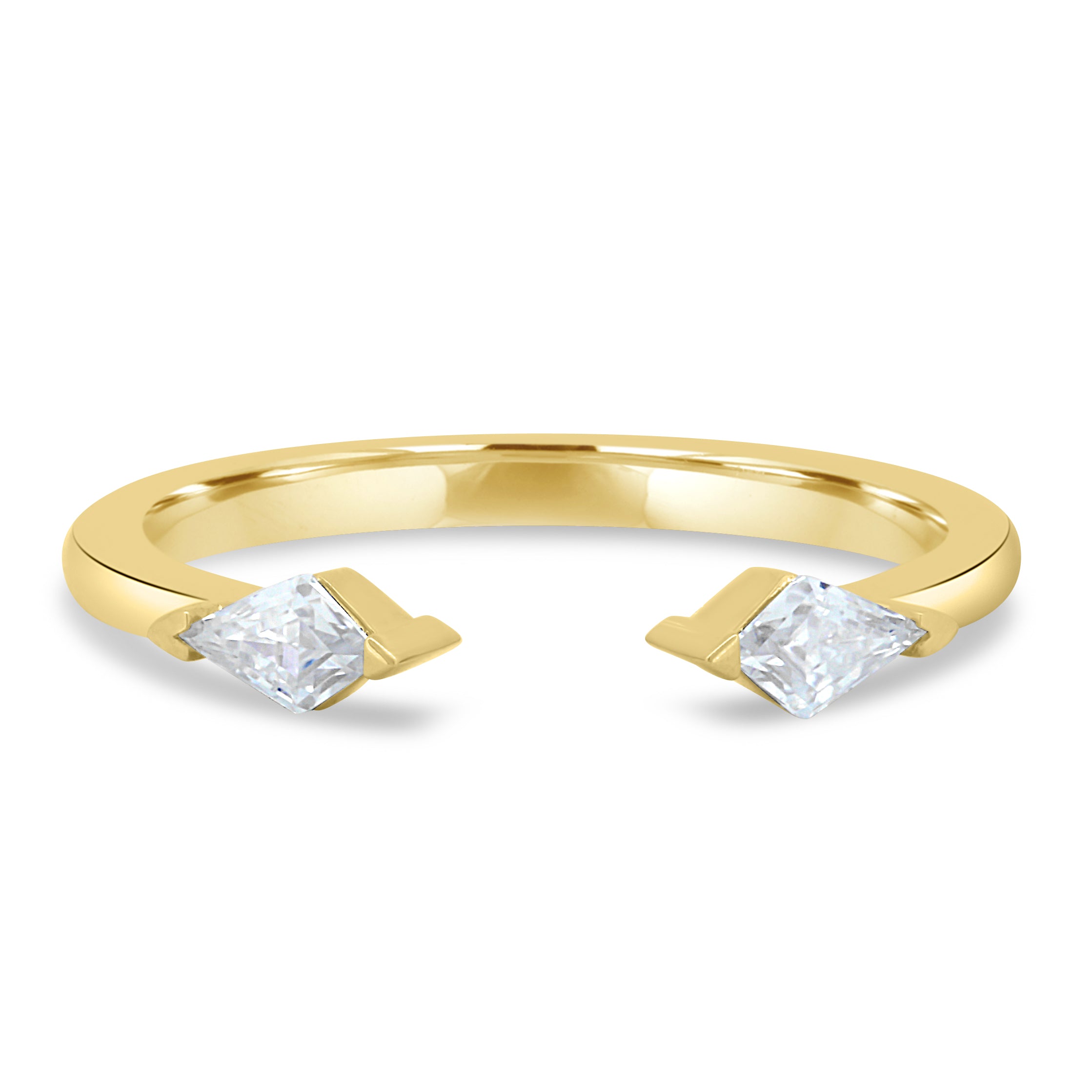 0.4 TCW kite cut moissanite open-style wedding band – contemporary and edgy design in polished gold, perfect for stacking or pairing with statement engagement rings.