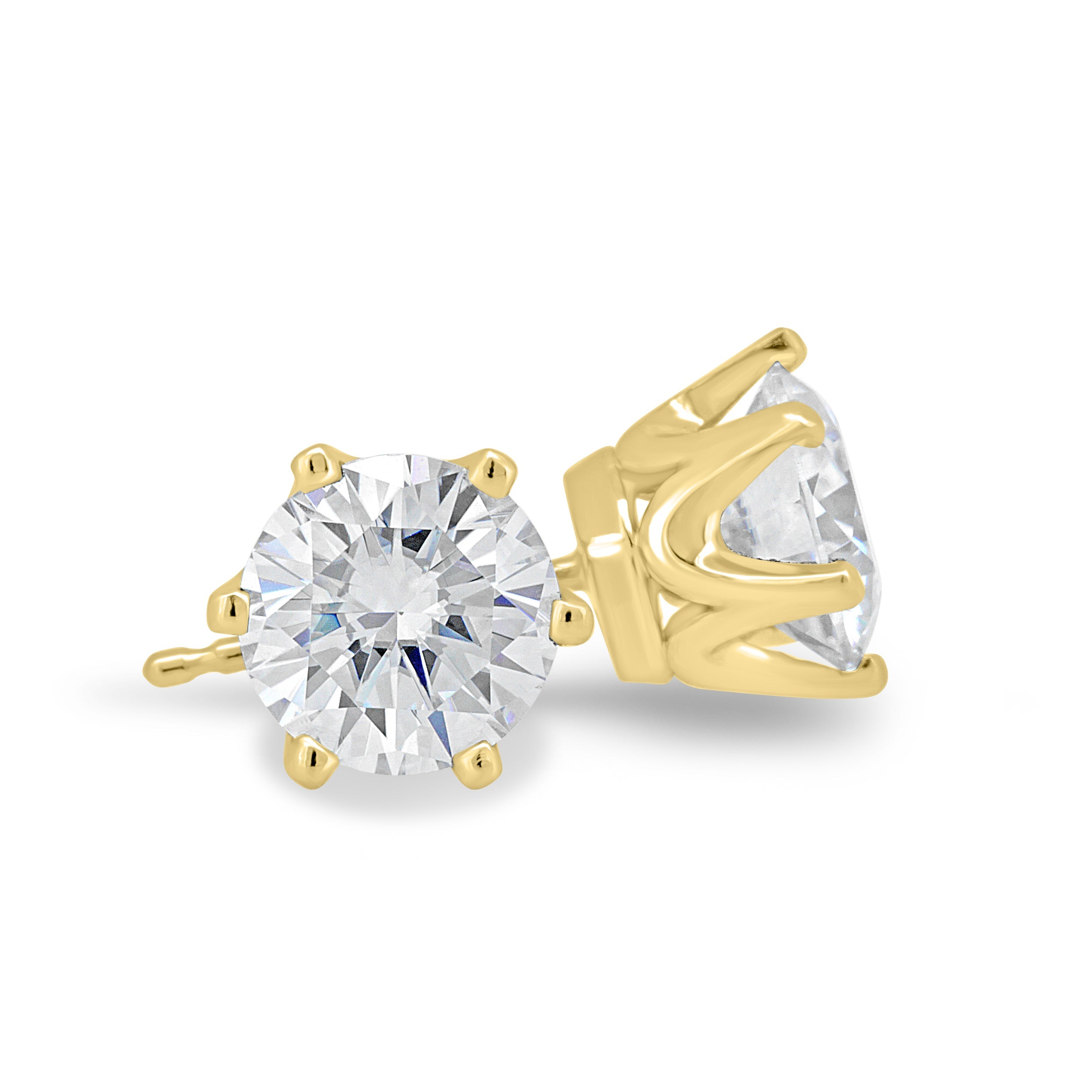 2.00 CT round cut moissanite earrings in a classic six-prong setting – timeless gold studs offering brilliant sparkle, perfect for bridal elegance or daily sophistication.