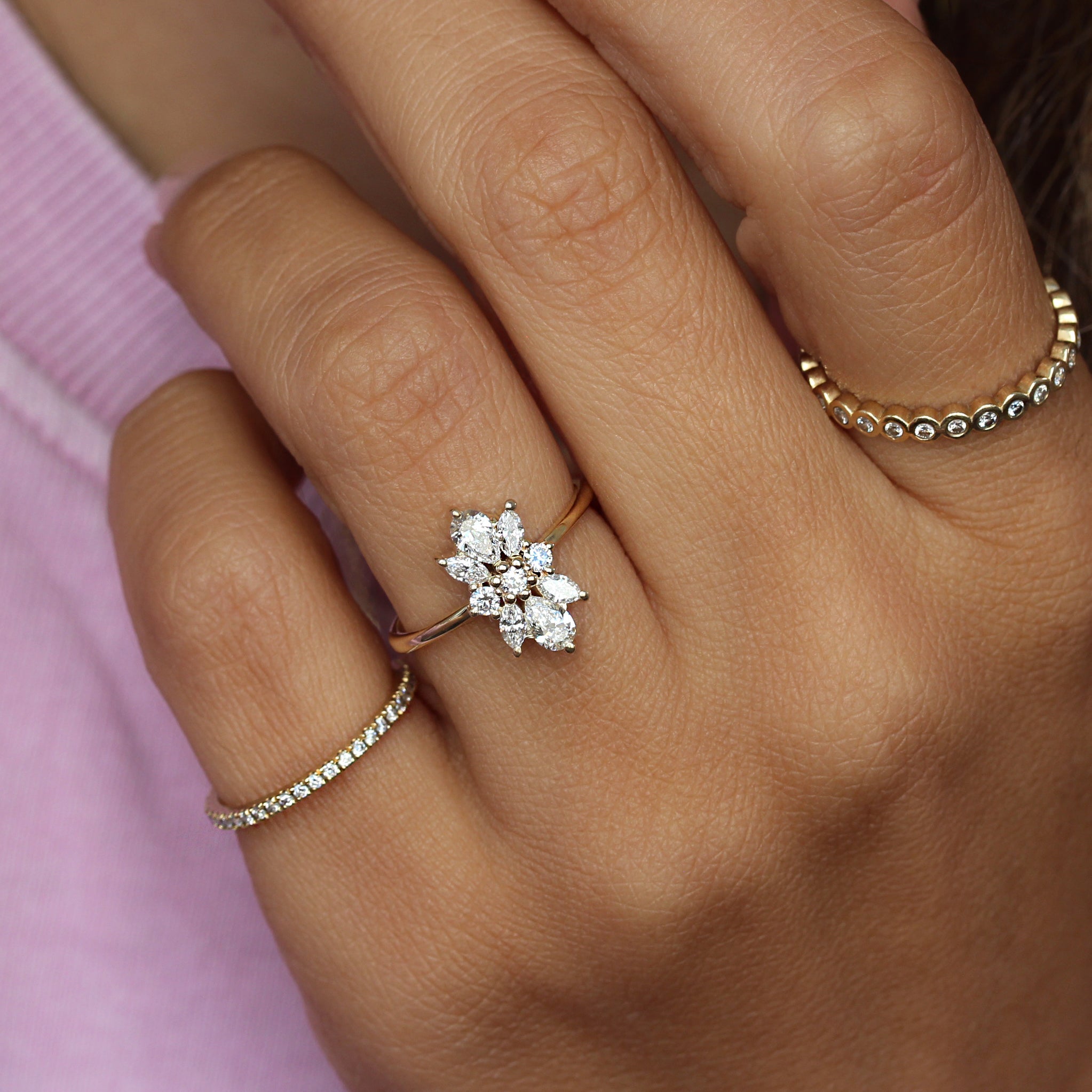 0.75 TCW Pear,Marquise and Round Moissanite Flower Engagement Ring
