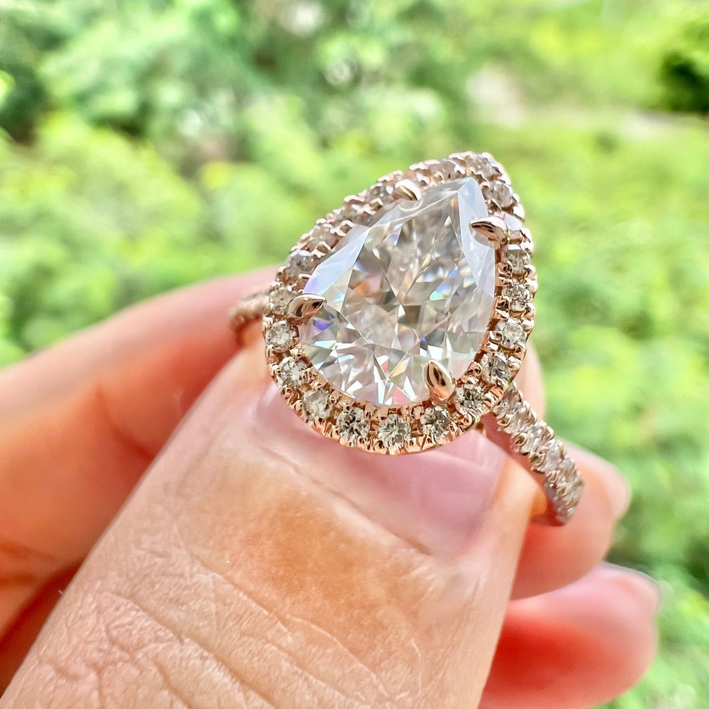 2.1 CT Pear Cut Halo Pave Moissanite Engagement Ring - crownmoissanite