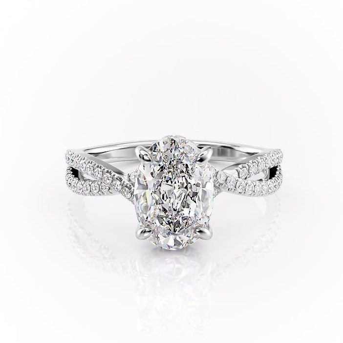 2.10 CT Oval Solitaire Cross Over Pave Set Moissanite Engagement Ring - crownmoissanite