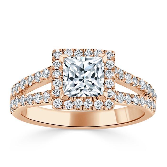 1.0 CT Princess Cut Halo Split Shank Setting Moissanite Engagement Ring - crownmoissanite