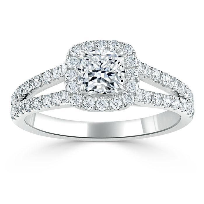 1.0 CT Cushion Cut Halo Split Shank Setting Moissanite Engagement Ring - crownmoissanite