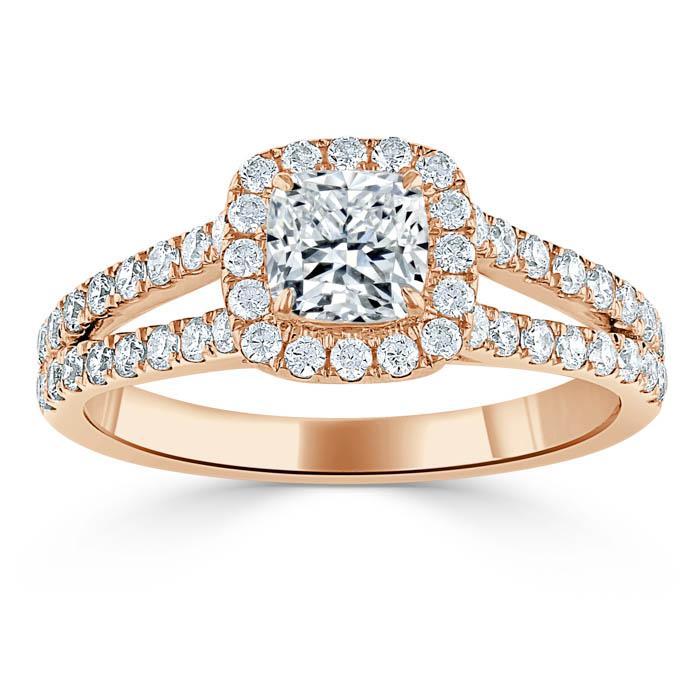 1.0 CT Cushion Cut Halo Split Shank Setting Moissanite Engagement Ring - crownmoissanite