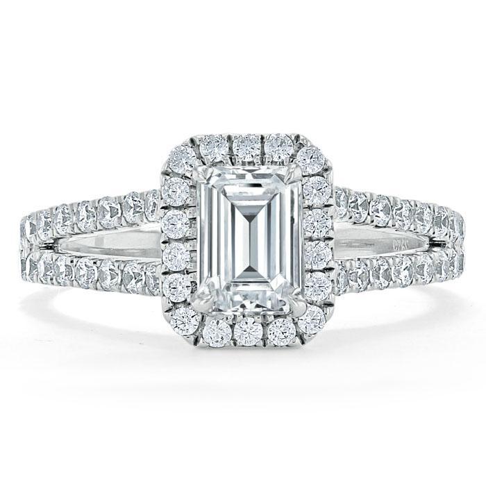 1.0 CT Emerald Cut Halo Split Shank Setting Moissanite Engagement Ring - crownmoissanite