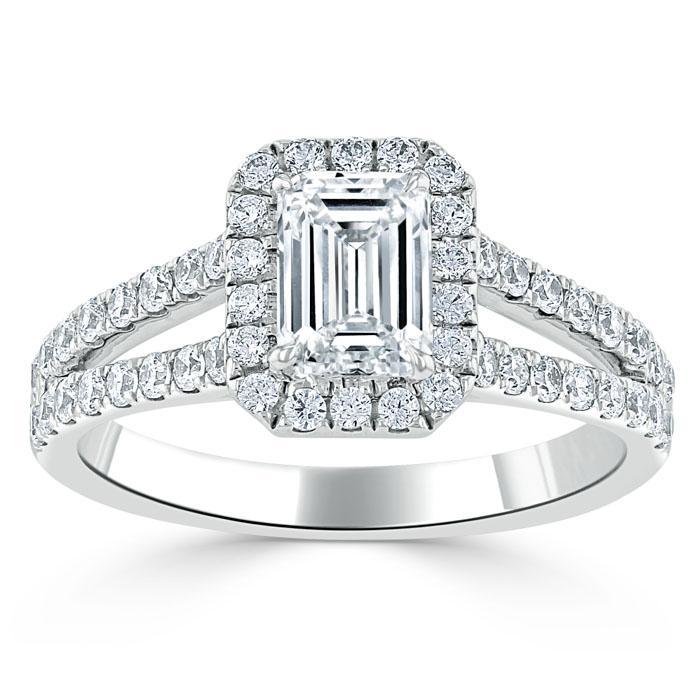 1.0 CT Emerald Cut Halo Split Shank Setting Moissanite Engagement Ring - crownmoissanite
