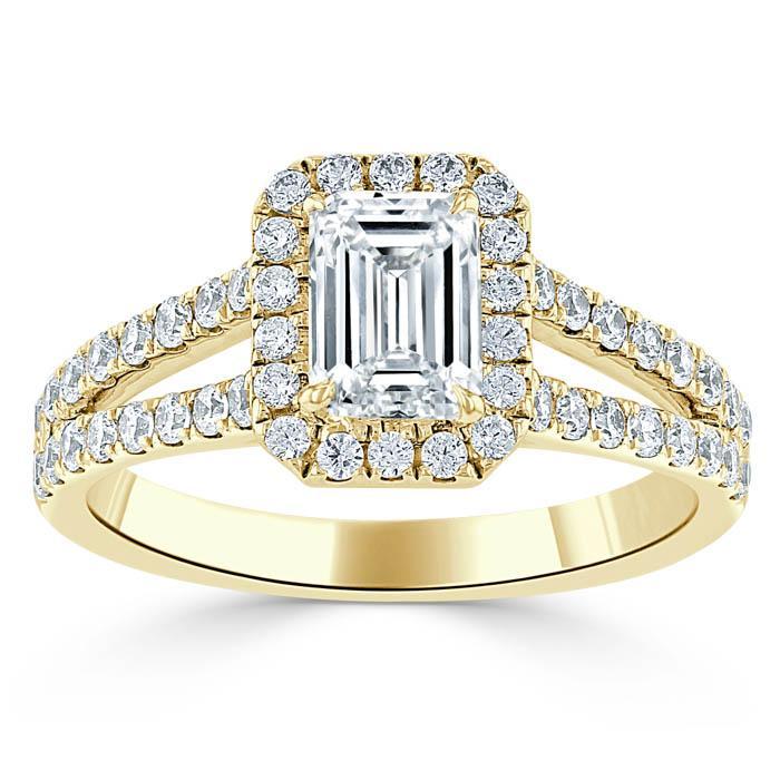 1.0 CT Emerald Cut Halo Split Shank Setting Moissanite Engagement Ring - crownmoissanite