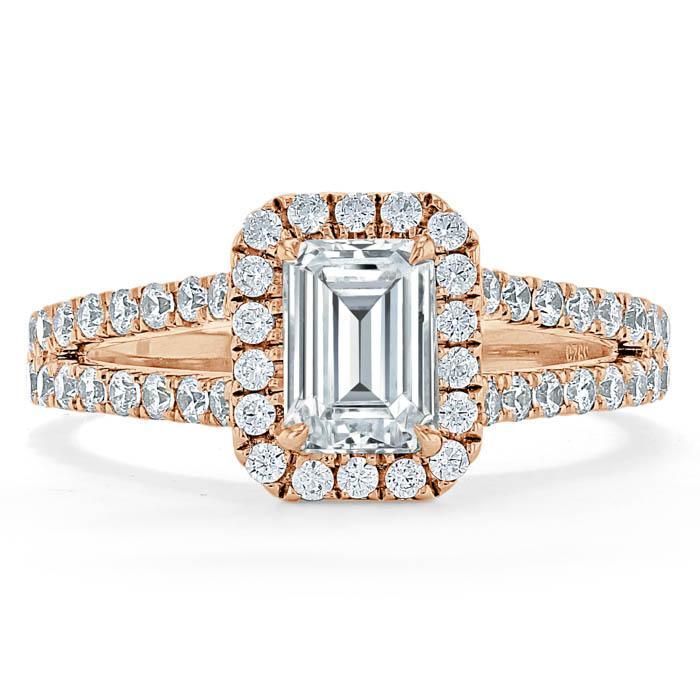 1.0 CT Emerald Cut Halo Split Shank Setting Moissanite Engagement Ring - crownmoissanite