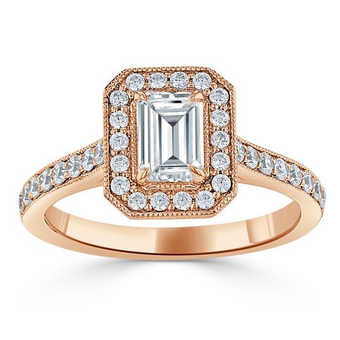 1.0 CT Emerald Cut Halo Moissanite Engagement Ring With Pave Setting - crownmoissanite