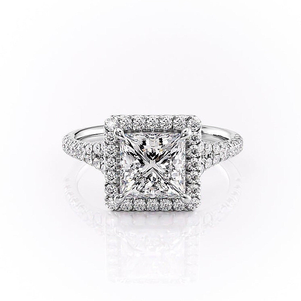 2.08 CT Princess Cut Halo Split Shank Setting Moissanite Engagement Ring - crownmoissanite