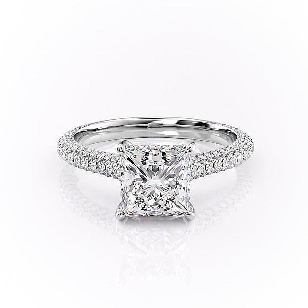 2.08 CT Princess Solitaire Triple Pave Setting Moissanite Engagement Ring - crownmoissanite
