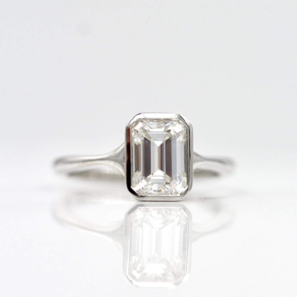 1.55 CT Emerald Cut Bezel Solitaire Moissanite Engagement Ring - crownmoissanite