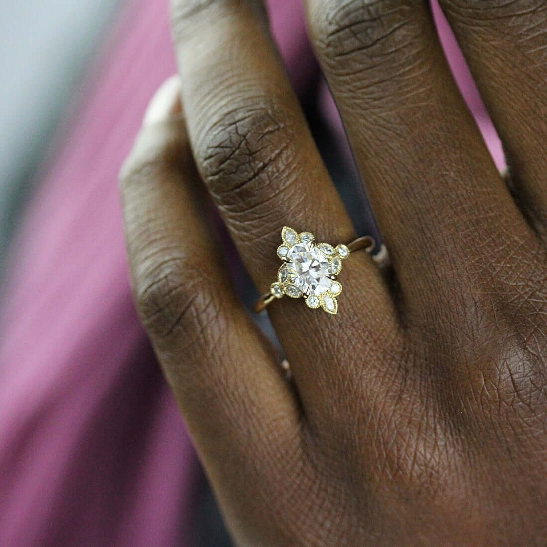 1.33 CT Oval Cluster Halo Moissanite Engagement Ring - crownmoissanite