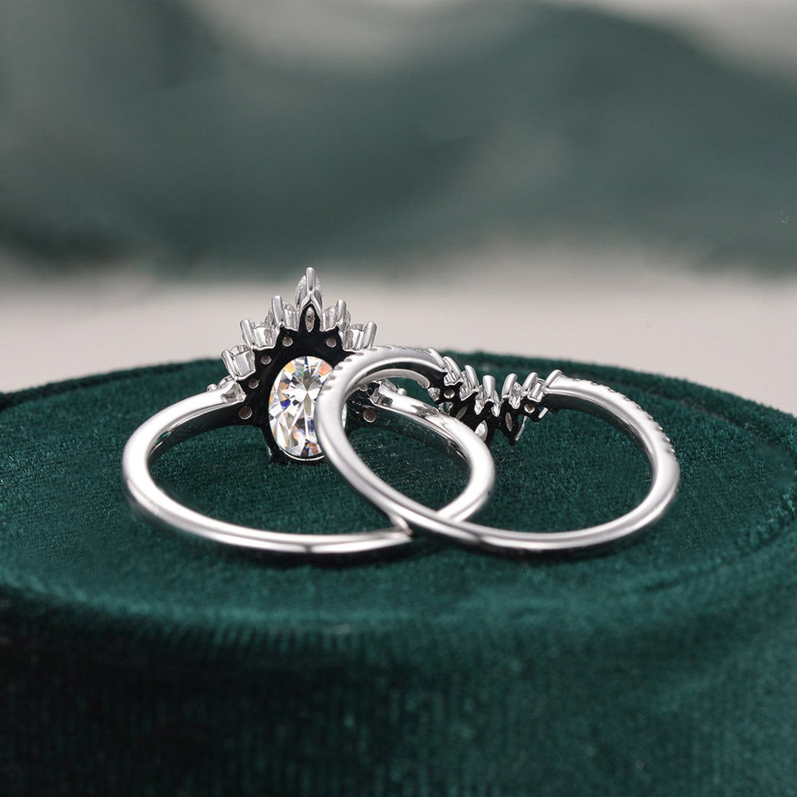 1.50 CT Oval Cut Cluster Art Deco Moissanite Bridal Ring Set - crownmoissanite
