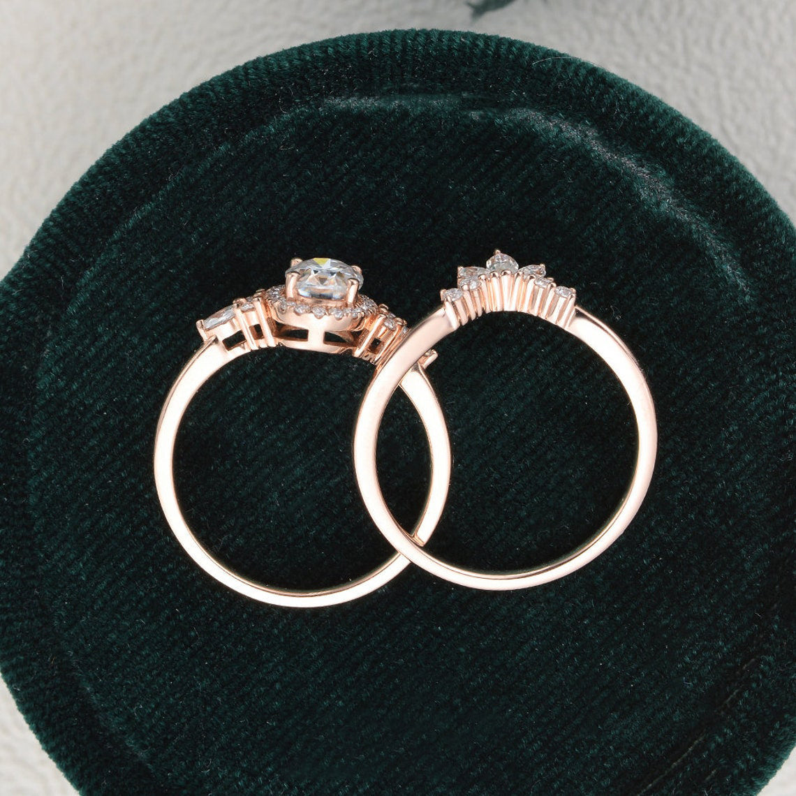 2.0 CT Oval Cut Cluster Halo Moissanite Bridal Ring Set - crownmoissanite