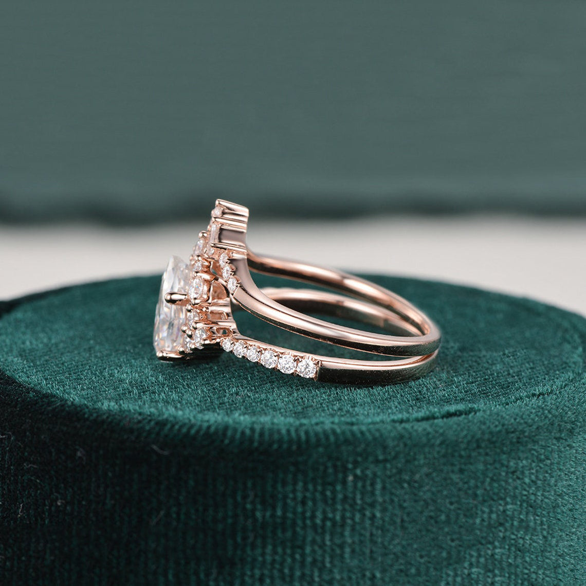 1.50 CT Pear Cut Cluster Art Deco Moissanite Bridal Ring Set - crownmoissanite