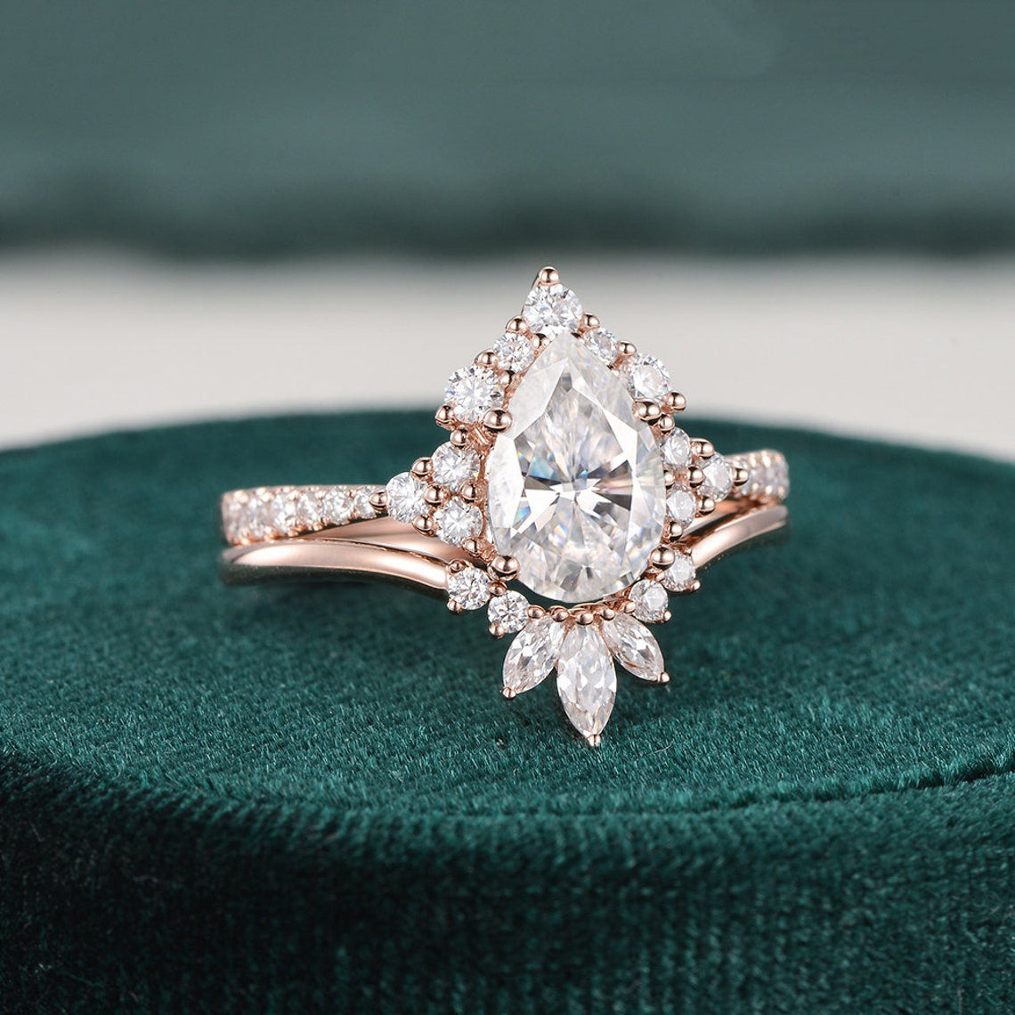 1.50 CT Pear Shaped Moissanite Cluster Bridal Ring Set - crownmoissanite