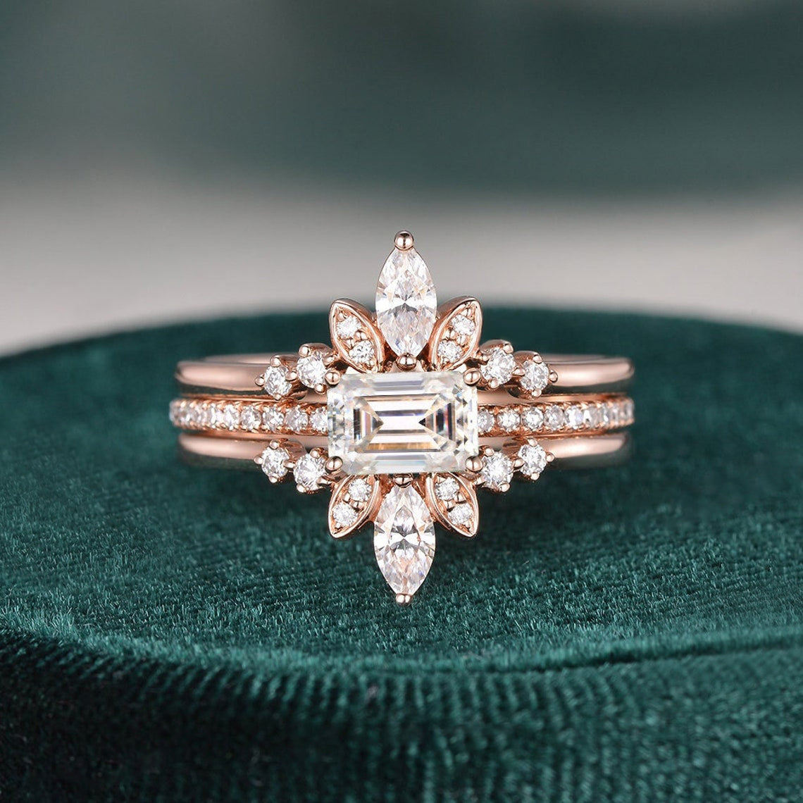 2.0 CT Emerald Cut Solitaire Pave Setting Moissanite Bridal Ring Set - crownmoissanite