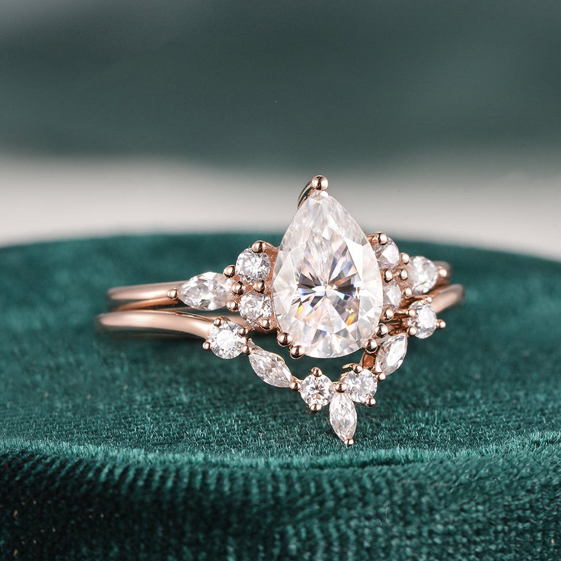 1.50 CT Pear Shaped Moissanite Cluster Bridal Ring Set - crownmoissanite