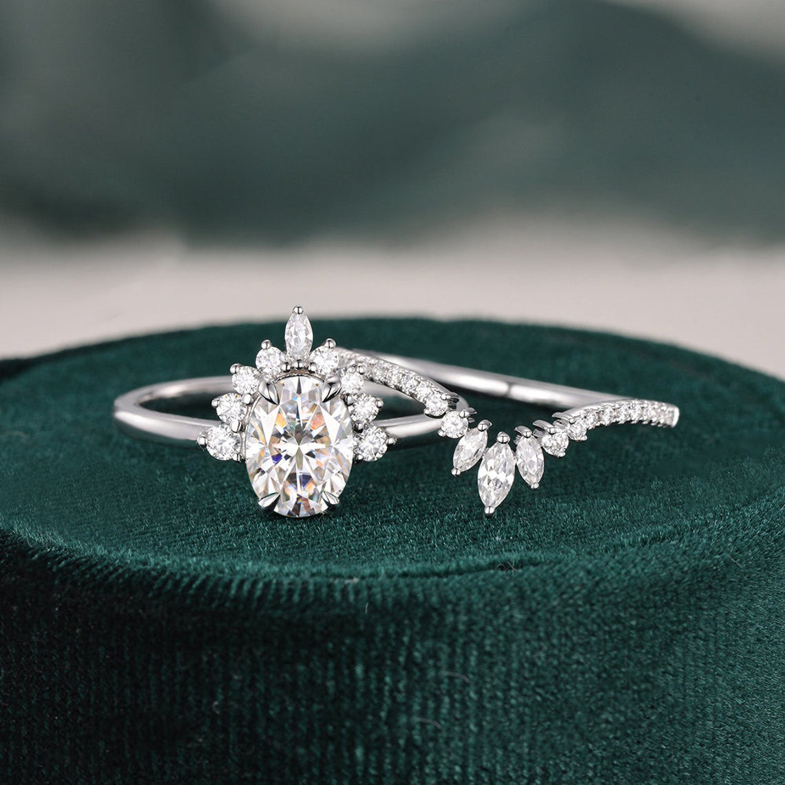 1.50 CT Oval Cut Cluster Art Deco Moissanite Bridal Ring Set - crownmoissanite