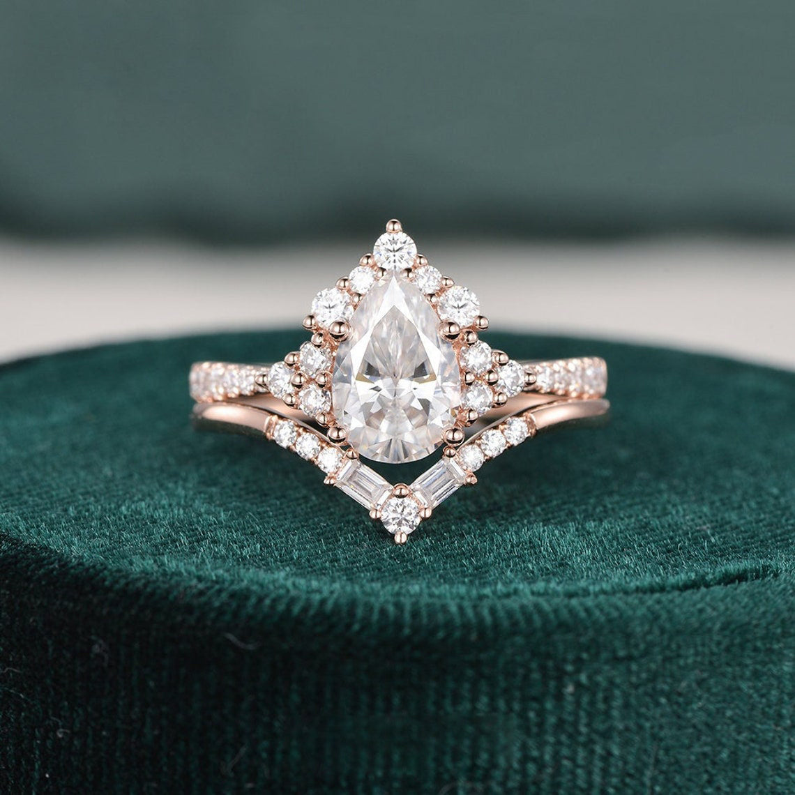 1.50 CT Pear Shaped Moissanite Cluster Bridal Ring Set - crownmoissanite