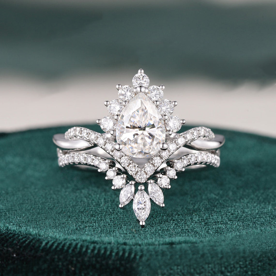 1.50 CT Pear Cut Twisted Art Deco Moissanite Bridal Ring Set - crownmoissanite