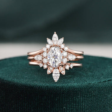 1.0 CT Oval Shaped Moissanite Cluster Art Deco Bridal Ring Set - crownmoissanite