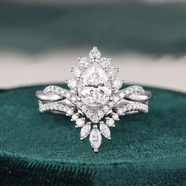 1.50 CT Pear Shaped Moissanite Cluster Bridal Ring Set - crownmoissanite