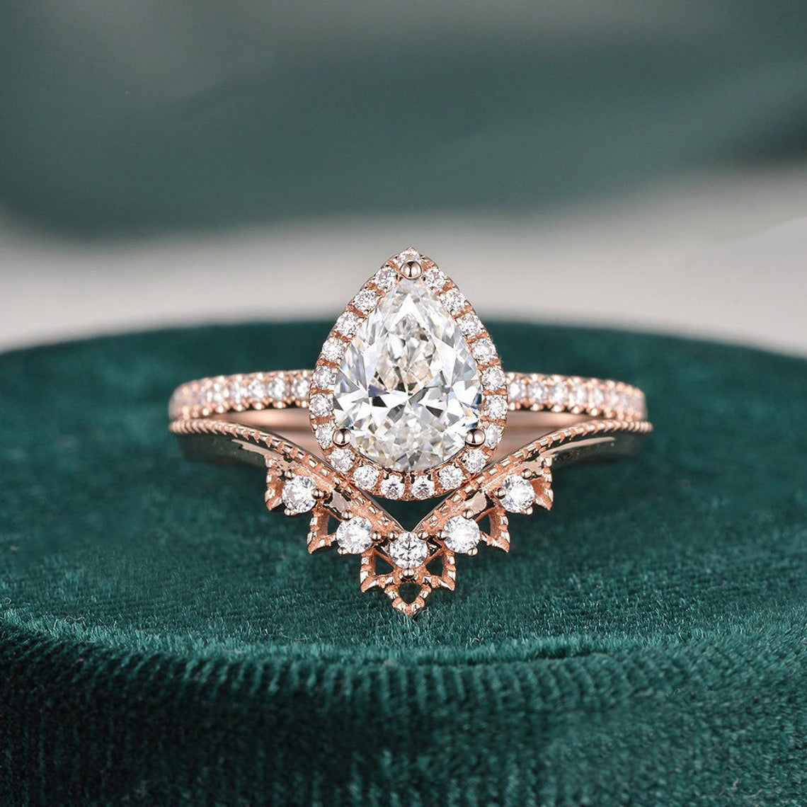 1.50 CT Pear Shaped Moissanite Halo Bridal Ring Set - crownmoissanite