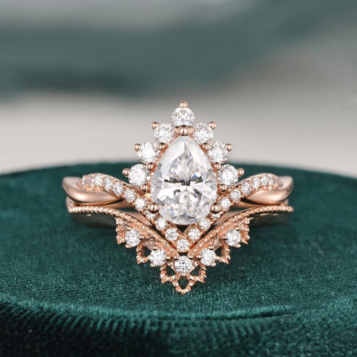 1.50 CT Pear Shaped Moissanite Cluster Bridal Ring Set - crownmoissanite