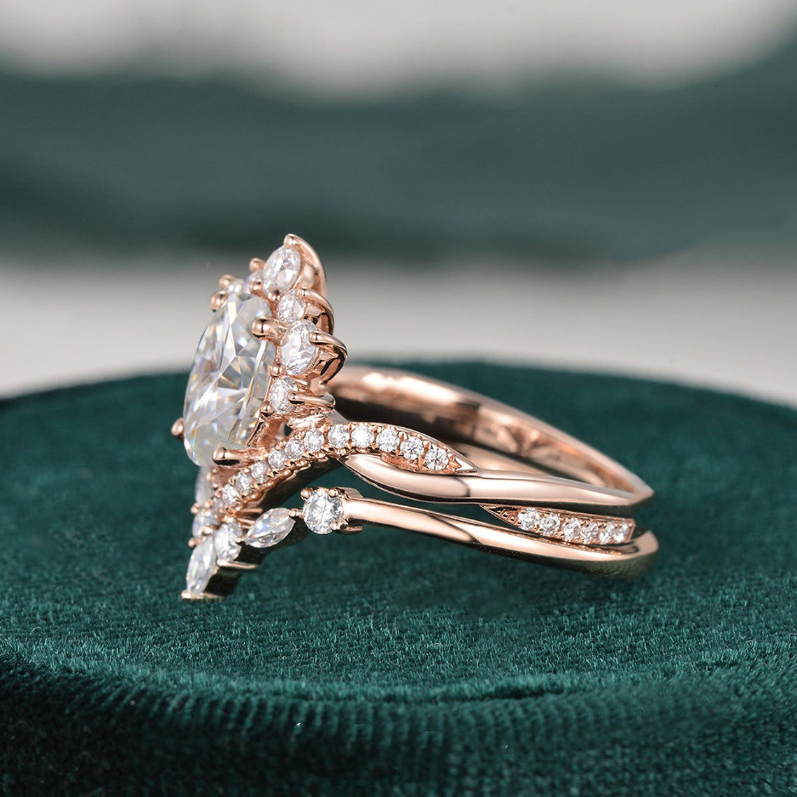 1.50 CT Oval Cut Twisted Art Deco Moissanite Bridal Ring Set - crownmoissanite